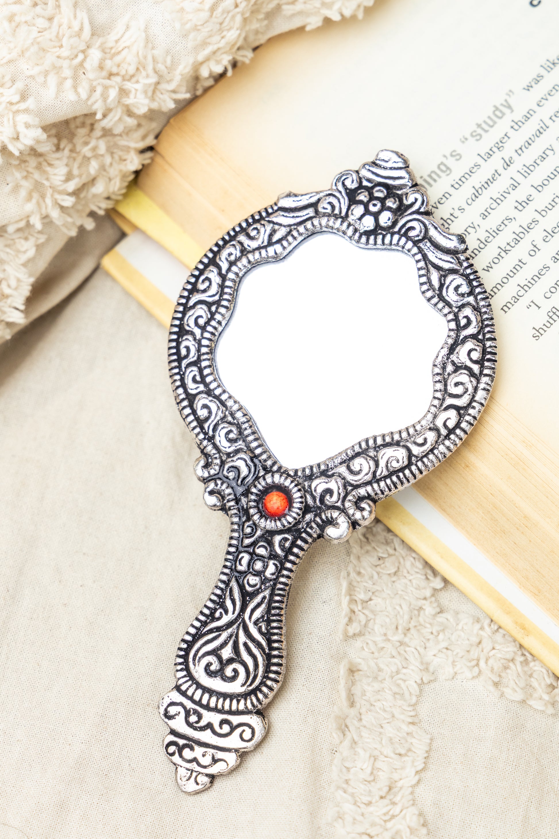 AMULYA’s Ruby Relic Metal Hand Mirror (Silver)