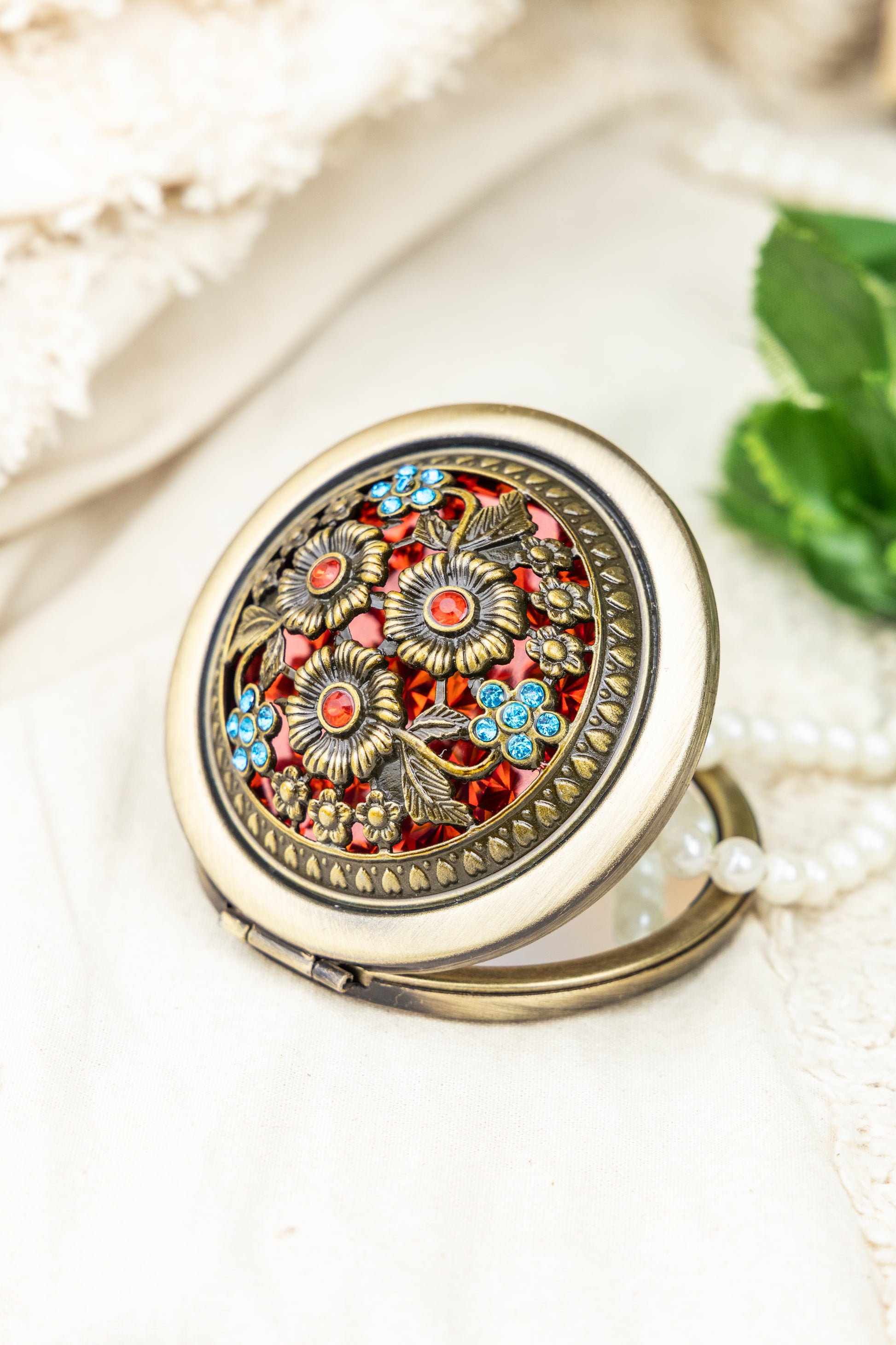 AMULYA's Ornate Blossom Brass Compact Mirror