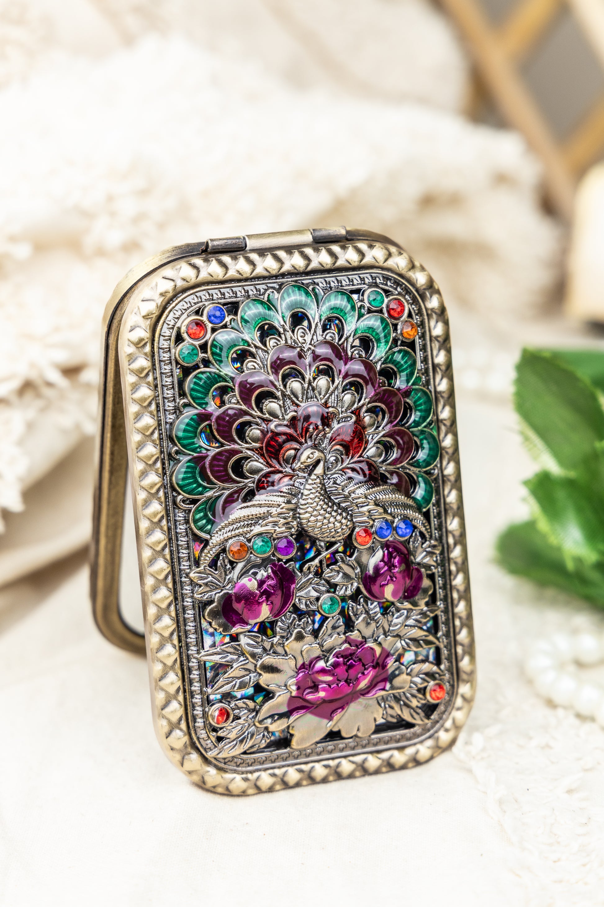 AMULYA’s Peacock Blossom Brass Compact Mirror