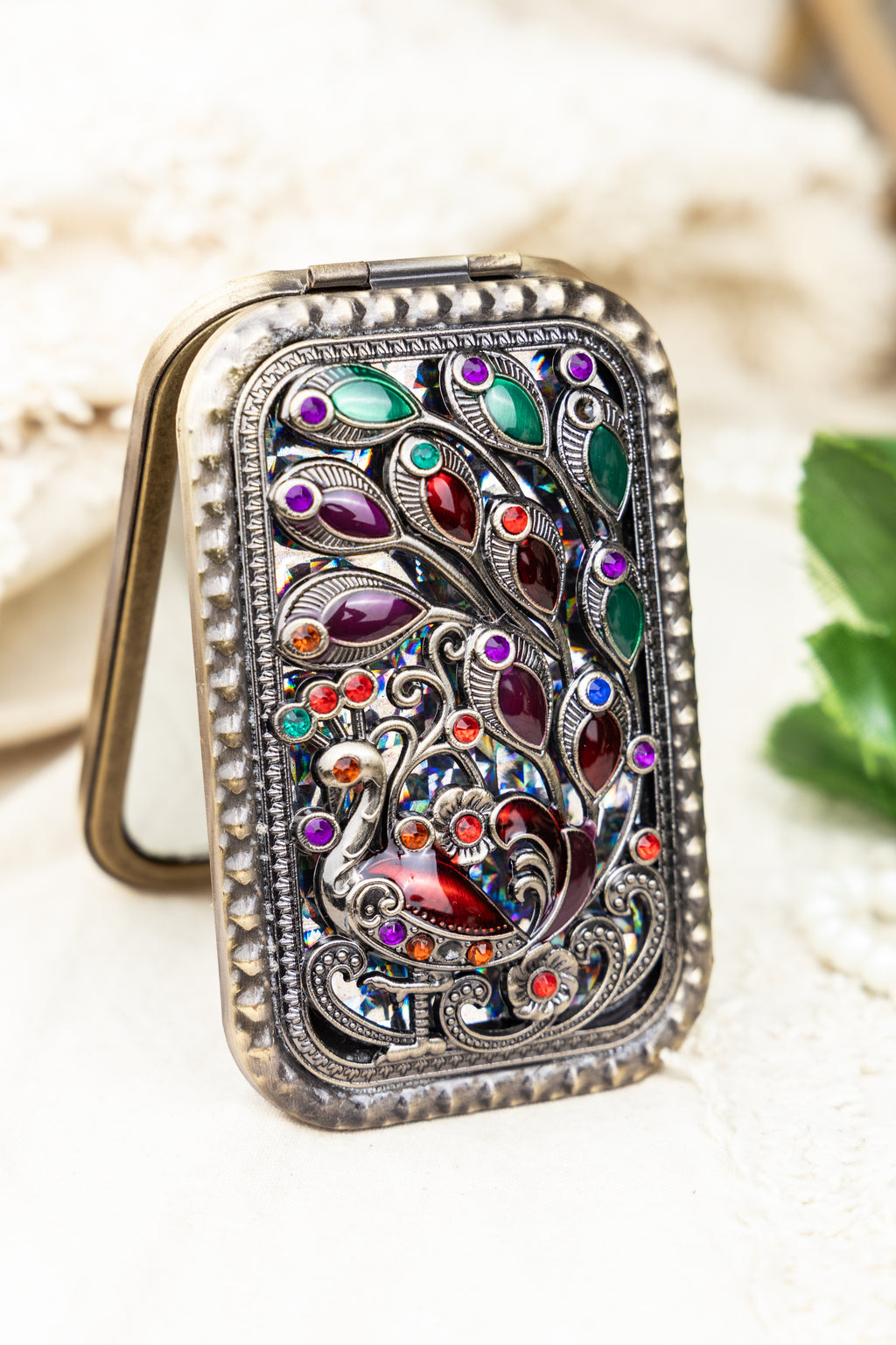 AMULYA’s Regal Peacock Brass Compact Mirror