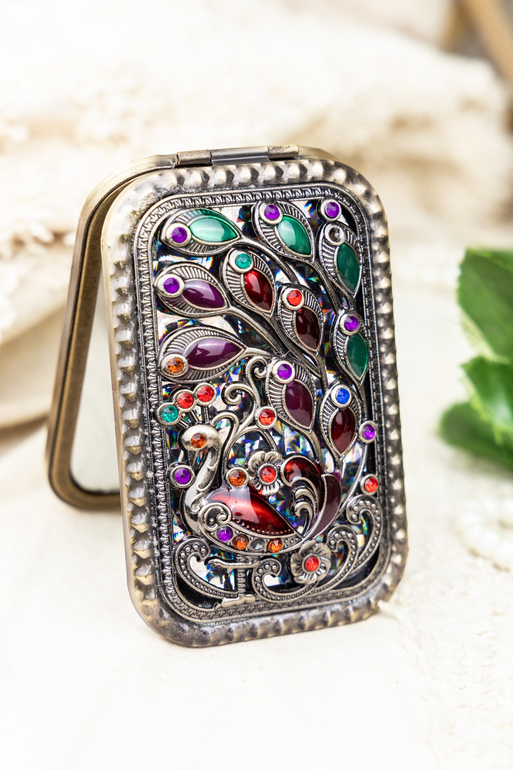 AMULYA’s Regal Peacock Brass Compact Mirror